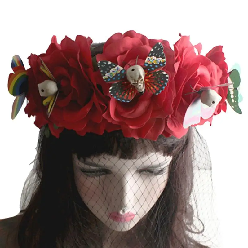 Halloween Headband Articifial Flower Skull Lace Veil Head Piece Hair