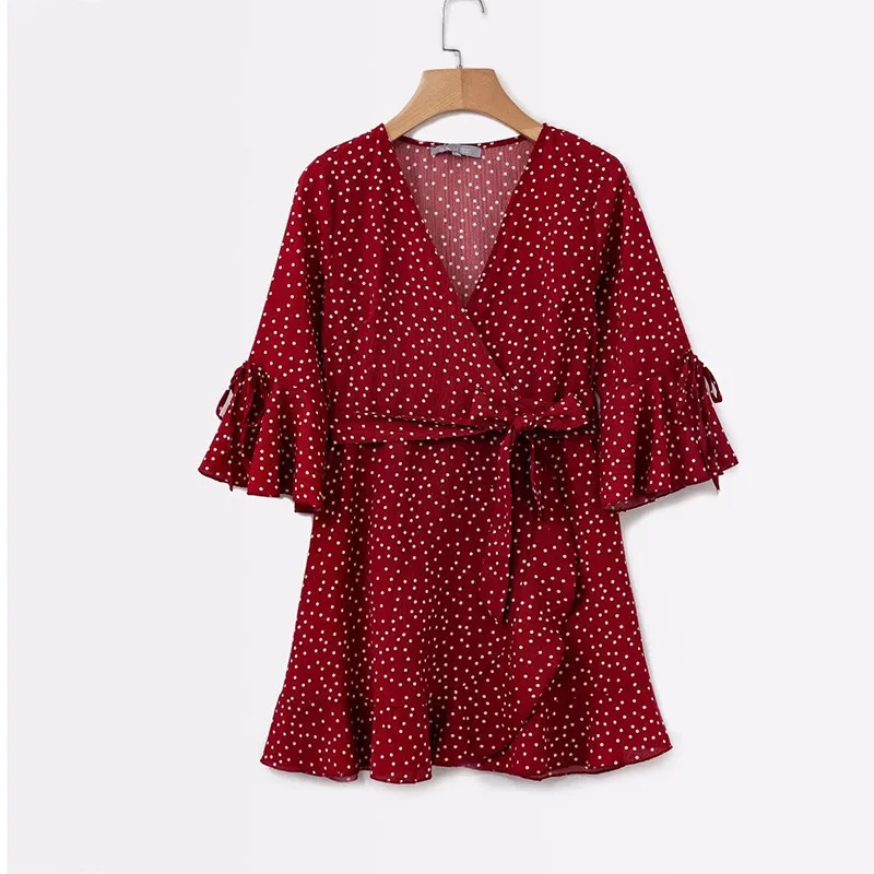 yinlinhe Red Polka Dot Summer Dress Short Sleeve V neck Sexy Wrap Dress Women Slim Waist Elegant Boho Ruffles Vestidos   10