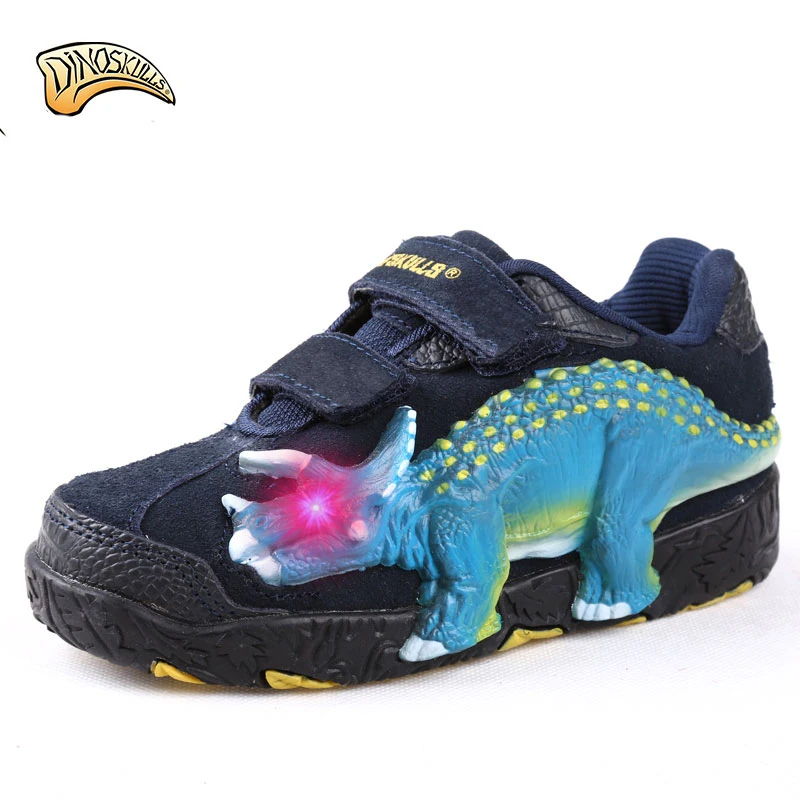 Dinoskulls для мальчиков светящиеся теннисные кроссовки Infantil детская обувь из натуральной кожи светодиодные светящиеся кеды 3D Динозавр дышащая обувь