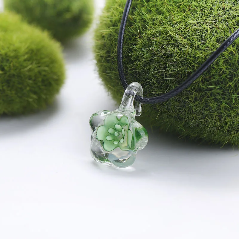 Lampwork Flower Engraved Green Diamond Glass Pendant for Necklace - 1 Piece