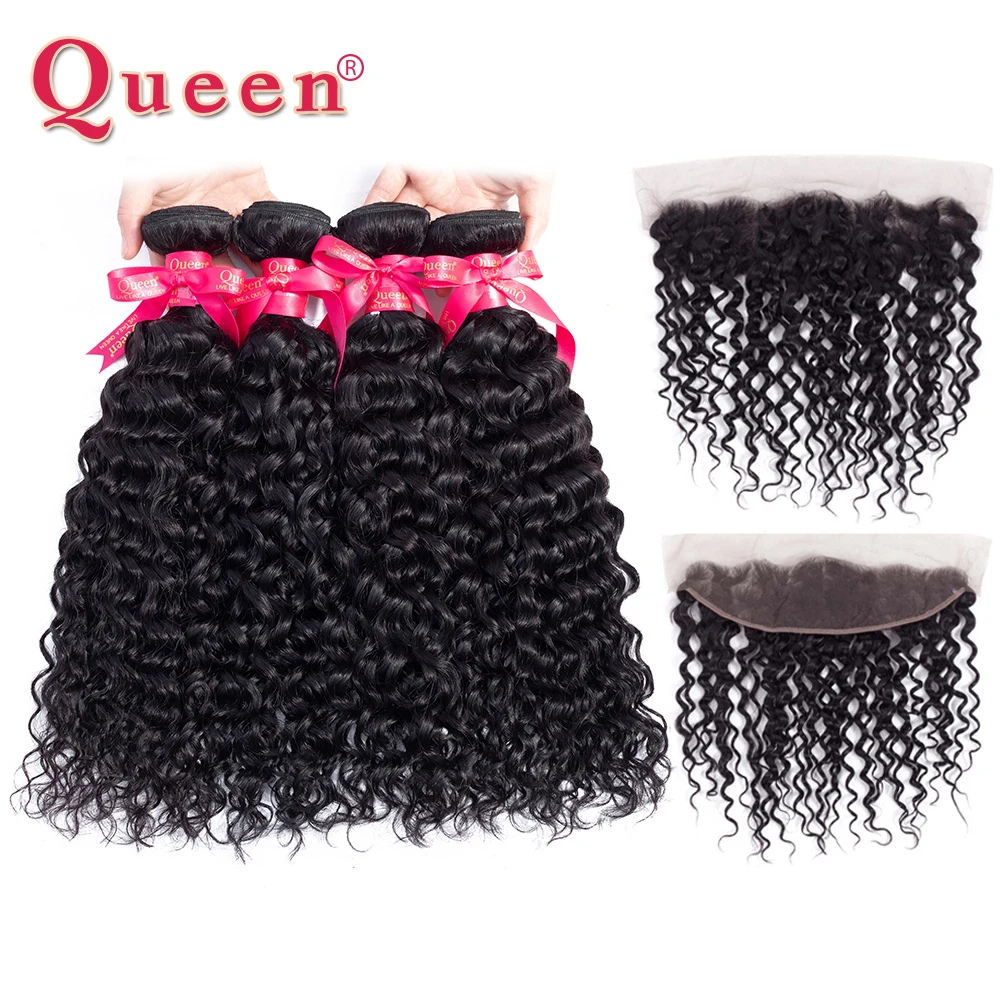 Queen Hair Peruvian Water Wave Bundles With Frontal Closure 4 Bundles Human Hair 100% Remy Lace Frontal Closure With Bundles