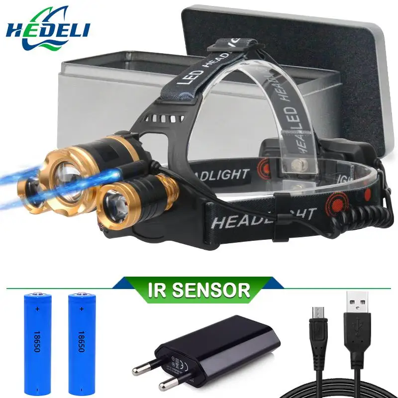 

Zooms cree XML t6 head lamp Micro USB Recharger Headlight IR Sensor Induction led headlamp head torch 18650 Lantern lights
