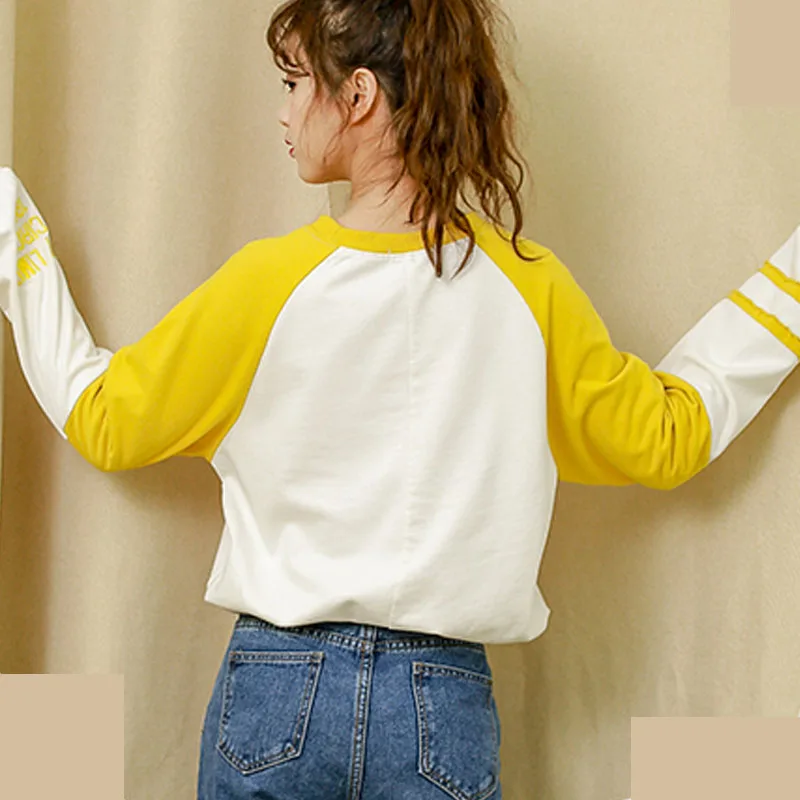 Harajuku с вышитыми буквами Толстовка Для женщин Весна больших размеров с О-образным вырезом Пуловер Толстовка Для женщин топы сращивания желтый женская одежда