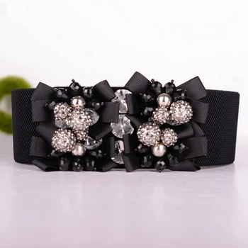 

Vintage Beads Flower Cummerbunds Women Wide Elastic Waist Belt Black Waistband Stretch Strap Cinch Corset Belts buikband