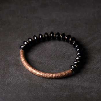 

Saucer Onyx Beads Hand Beaten Artificial Oxidized Copper Bracelet Unusual Stretch Bangle Male Female Couple Punk Inspire Jewelry