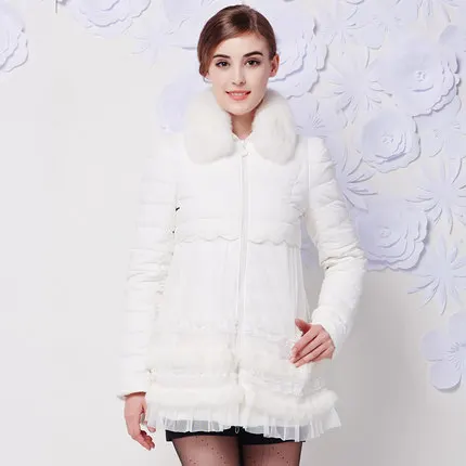 Cheap New 2015 Women Fur Collar Duck Down Coats Fashion Winter Lace Patchwork A-Line Down Jackets Women Slim Wadded Parkas H4643