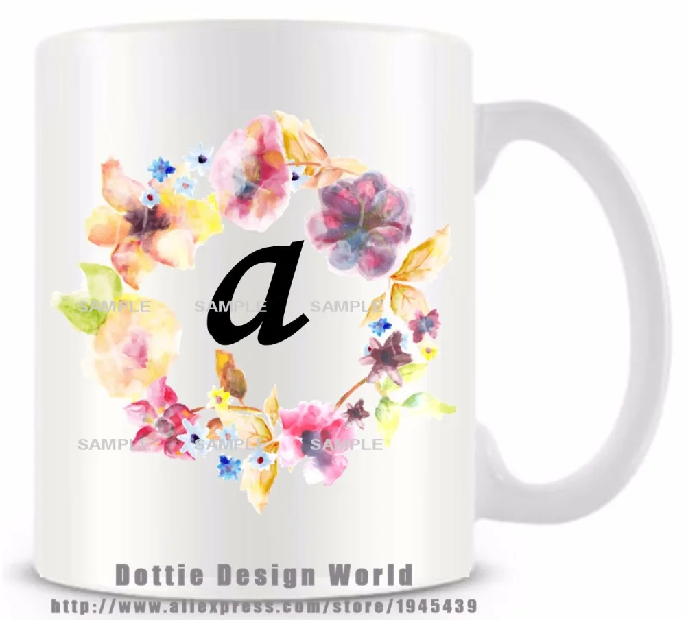 DIY Monogram Floral Alphabet A Ceramic white coffee tea mug cup Personalized Birthday Easter