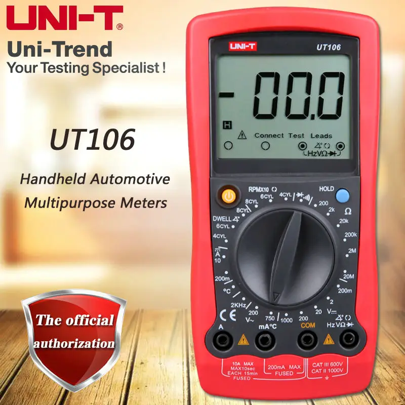 

UNI-T UT106 Handheld Auto Multimeter/Speed and Closing Angle Measurement/Temperature Test/Overload Protection/Digital Hold