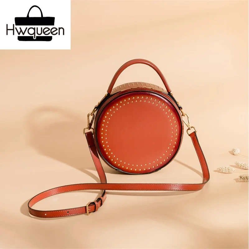 

Vintage Women's Small Round Bag Studs Purse Female Rivets Shoulder Bag Genuine Leather Zipper Closure Ladies Top-handle Handbag