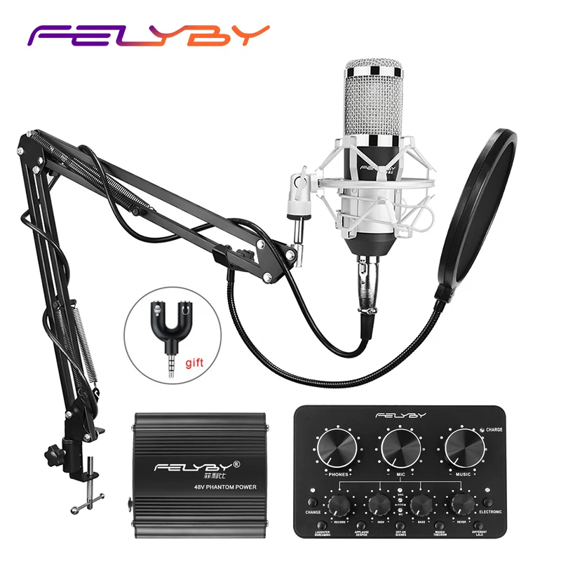 

HOT! FELYBY BM 800 Professional Recording Condenser Microphone Set for Computer with Phantom Power and Multi-function Sound Card