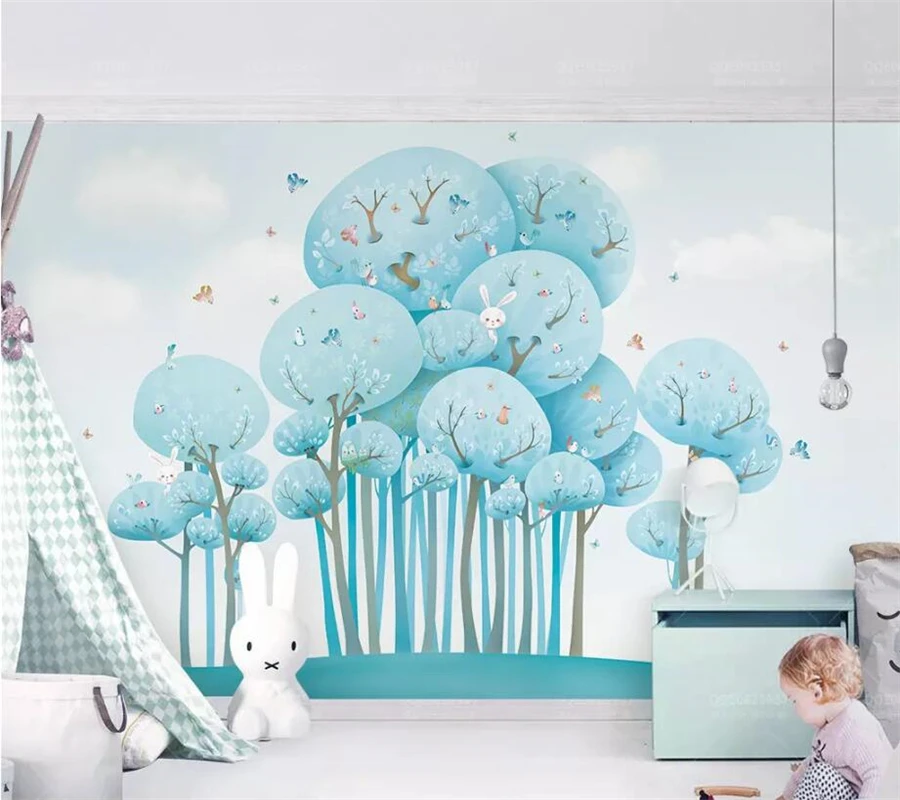 

beibehang Custom wallpaper 3d photo mural blue cute cartoon forest rabbit bird children's room TV background wall paper painting
