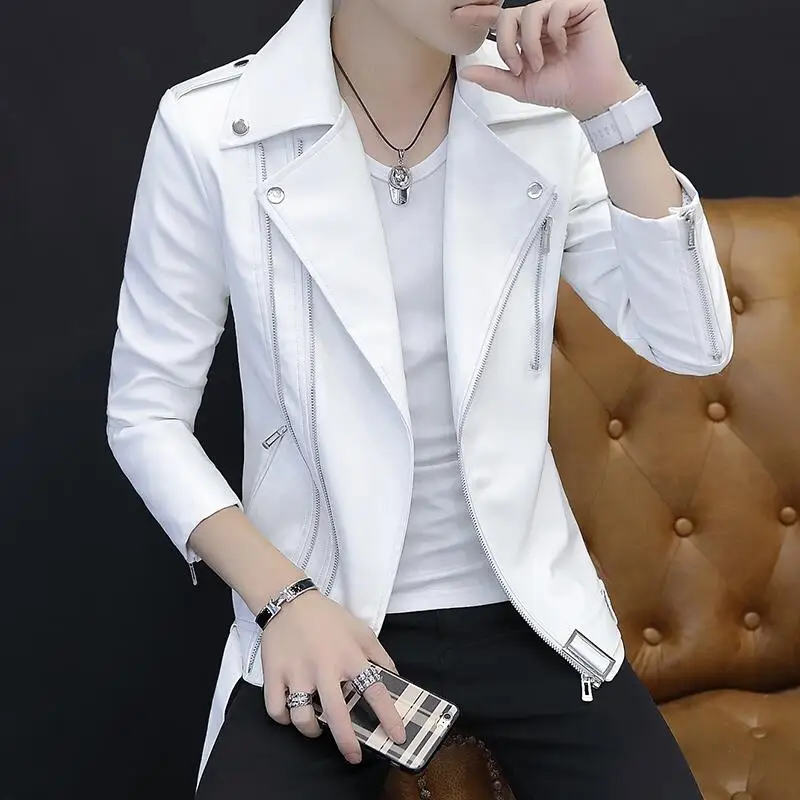 

White Leather Coat Men 2019 New Fashion Men Leather Jacket Short Slim Spring And Autumn Motorcycle Male Leather Clothing