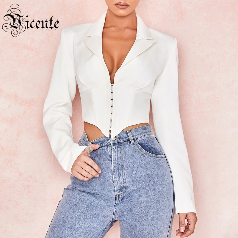 

Vicente 2019 Hot New Trendy White Shirt Hook Design Long Sleeves Turndown Collar V Neck Celebrity Party Shirt