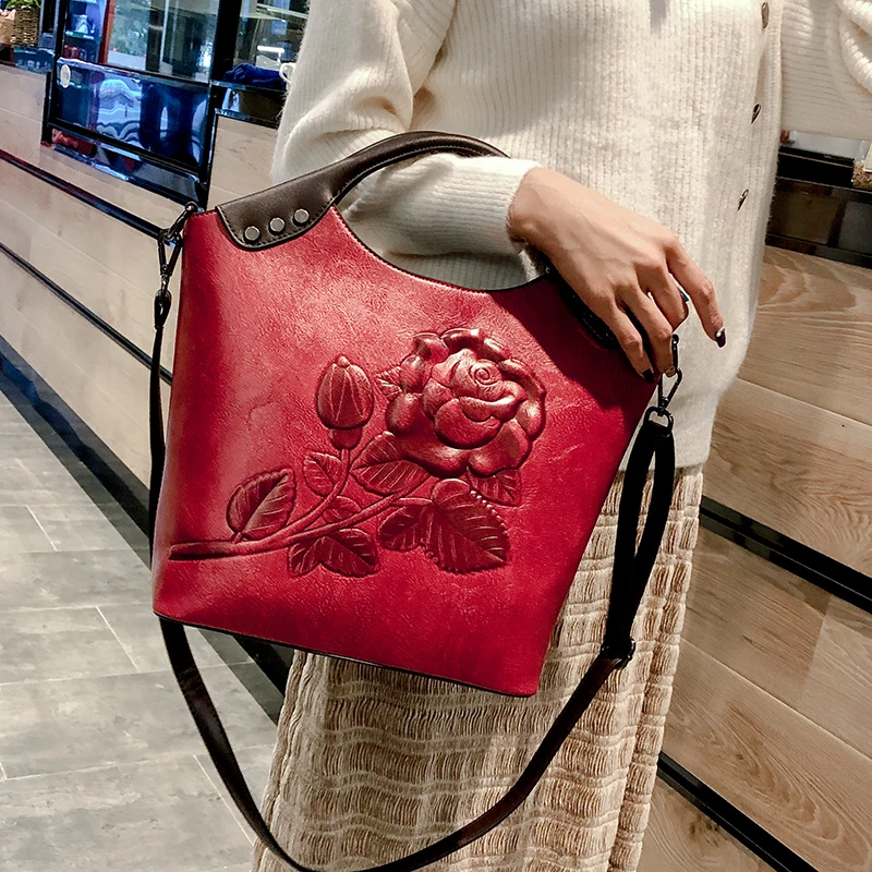  Brand Women Handbag Rose Print Lady Tote High Quality Leather Large Capacity Ladies Shoulder Bag Lu - 33010877723