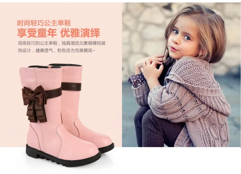 Girls White Genuine Leather Boots Winter Kids Shoes for Children Fur Snow Boots Bow Plush Warm Fashion Boots(Little/Big Girls