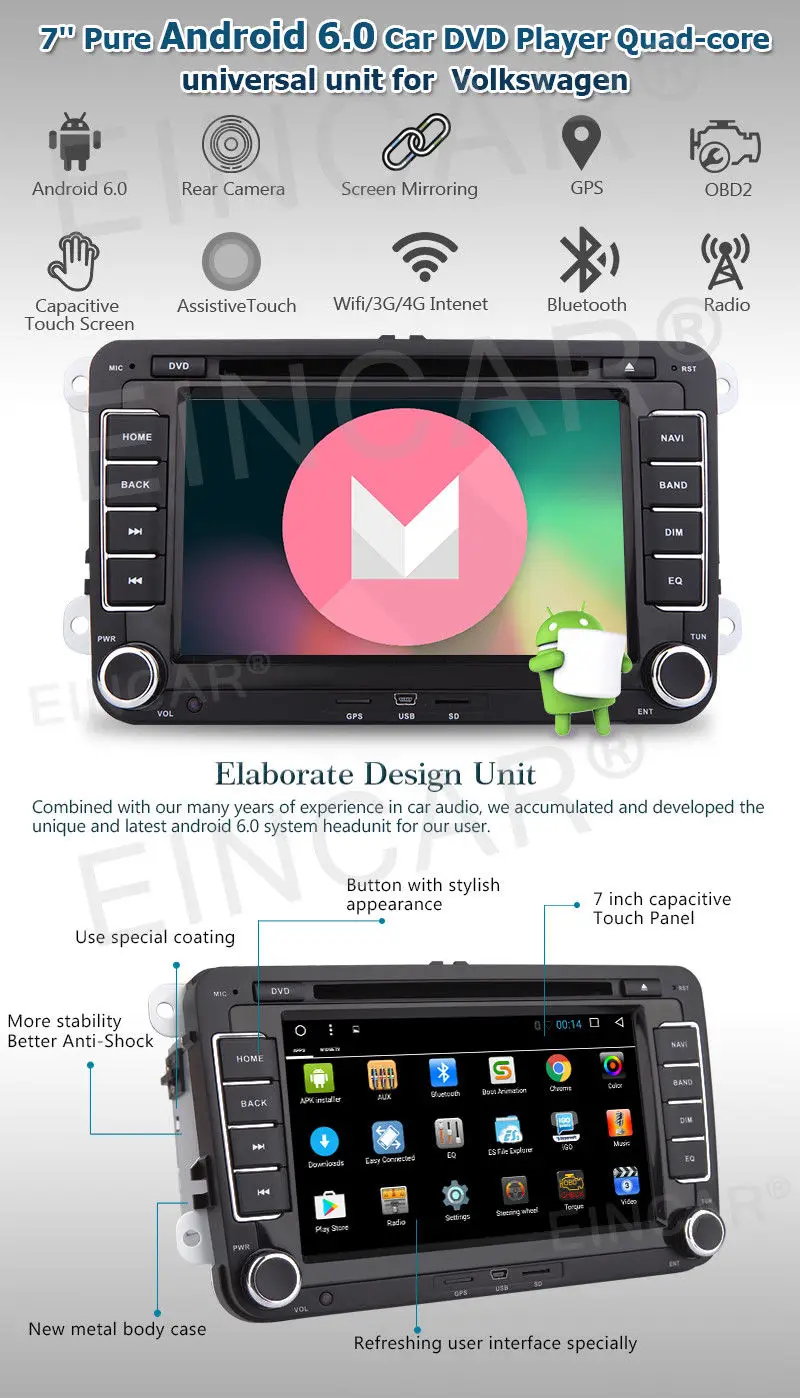 Perfect GPS Navigation 7" Android 6.0 Car Stereo CD DVD Player Radio WiFi 3G USB for VW 3