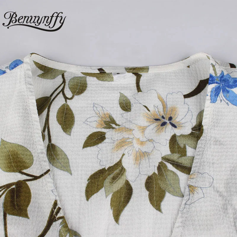 Benuynffy женское летнее платье 2019 Boho Цветочный принт галстук Талия пляжное туника