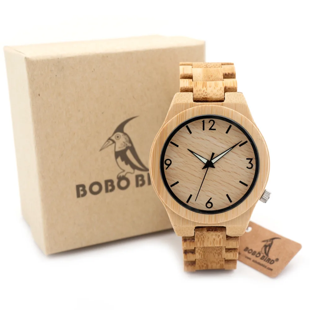 BOBO BIRD V-D27 Mens Bamboo Wristwatch Japan Movement Quartz Watch Original Bamboo Band Folding Clasp with Safety Clock