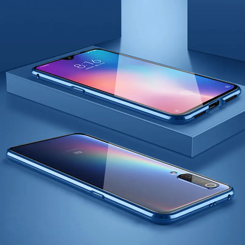 Роскошный 360 полный корпус защитный чехол для Xiaomi mi 9 mi 9 телефон магнитный металлический бампер и Передняя Задняя стеклянная крышка Xiao mi 9 чехол s - Цвет: Blue