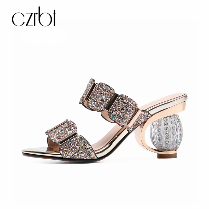 

CZRBT 2018 New Summer Fashion Slides Women's Sandals Slippers Casual Sweet Sequined Cloth Bling Crystal Female Tide Shoes