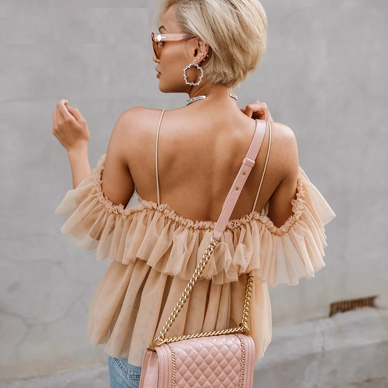 Sexy deep v neck backless vintage women summer blouse Elegant ruffle off shoulder shirt tops female Mesh blouse blusas