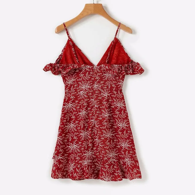 yinlinhe Red Floral Summer Dress Short Sleeve 2018 V neck Strap Women Dress Backless Slim Elegant Ruffles Vestidos  5