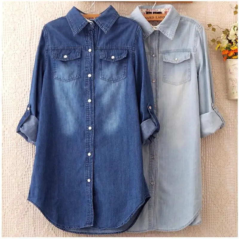 Koop Lente Vrouw Blauw Lange mouwen Denim Shirt Retro gewassen Casual katoenen Shirts Vrouwen Blouses Plus Size Blusa jeans shirts Feminina