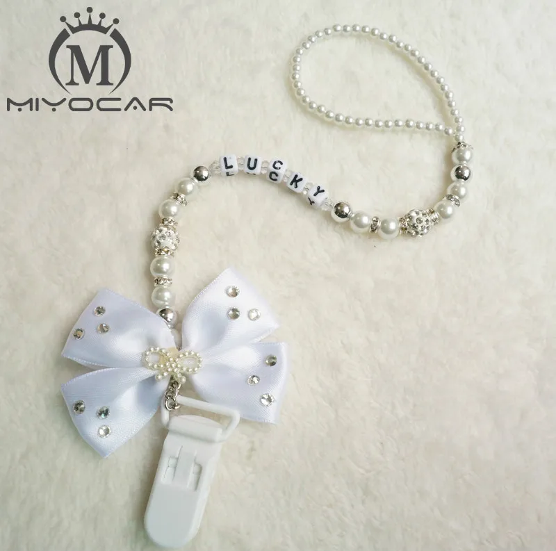 MIYOCAR любое имя Bling blue rhinestone Лук blueand синие Бусины пустышка зажим держатель соска держатель/зажим для прорезывателя