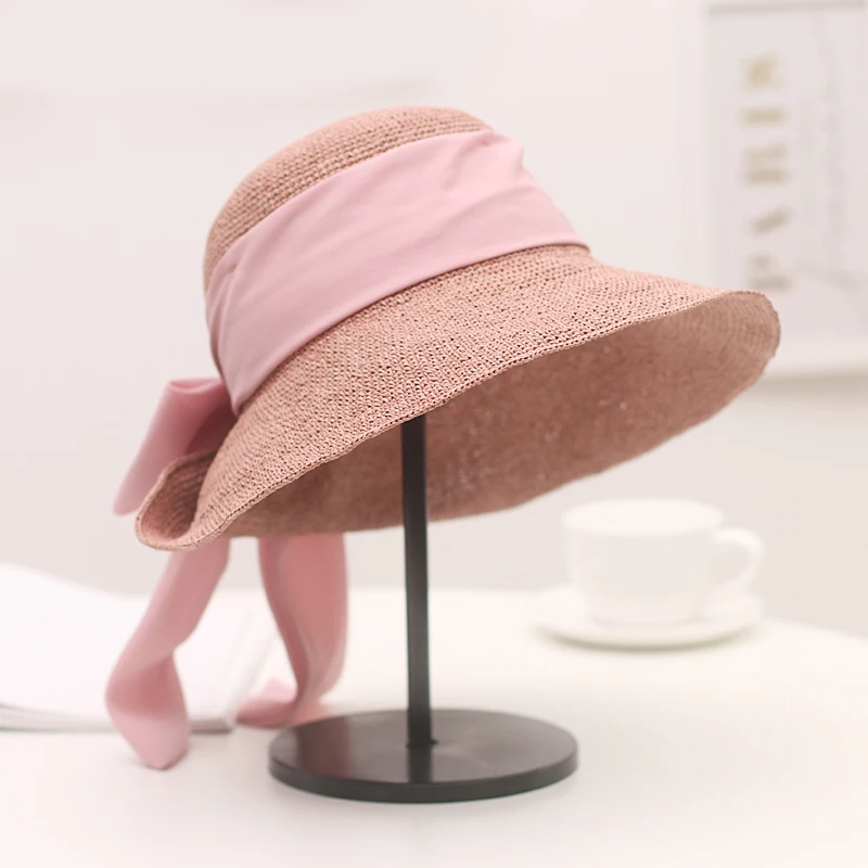 Летнее платье высокого качества с перекрестными шнурками из волокна «раффия» шляпа Для женщин соломы крючком шляпа от солнца Женская шляпа с широкими полями с розовым бантом женские пляжные лента Складной хип-хоп для парней и девушек