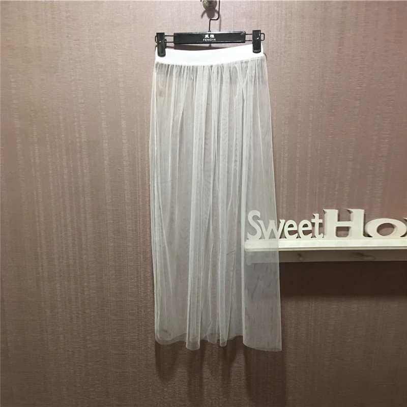 

Summer Women Mesh Midi Skirt Casual Sexy Vintage Elegant Transparent Elasticity High Waist Tulle Lace Black White Long Skirt