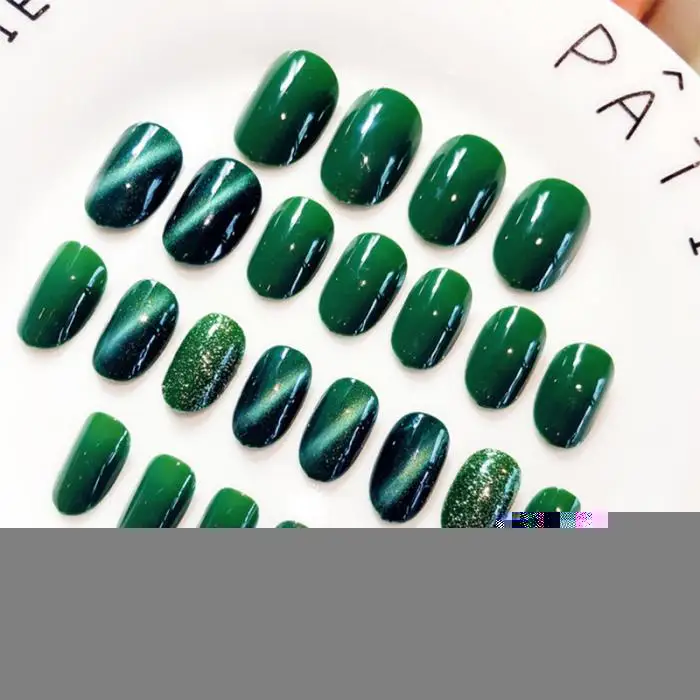 Блестящие праздничные Приморского дизайна ногтей советы с клеем для девочек популярный зеленый кошачий глаз Накладные ногти дамские уличные модные искусственные ногти