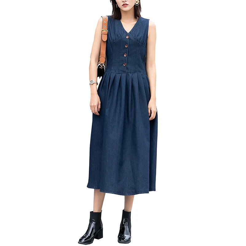 

Sokotoo Women's V neck buttons thin denim dress Medium long fit and flare pleated A line one piece dress
