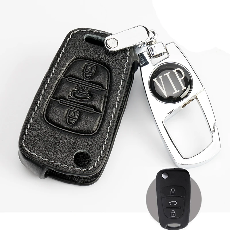 

Genuine Leather Car Key Shell+Keychain 3 Buttons for Kia Rio Picanto Sportage Soul Rondo For Hyundai Flip Remote Key Case Cover