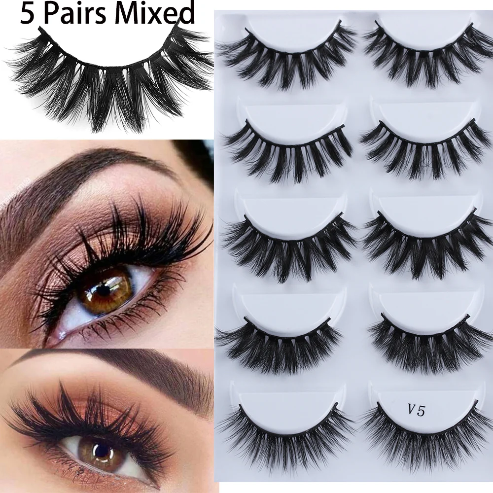 

5 Pairs Mixed Cross Long 3D Mink Hair False Eyelashes Thick Flutter Wispy Natural Lashe Handmade Makeup Tools
