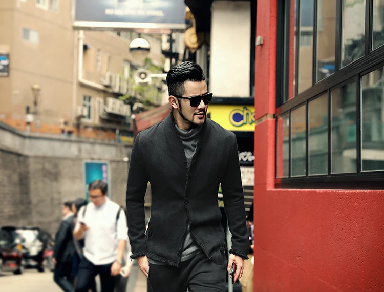 New Spring Retro Black Fur-trimmed Casual Slim Black European Style Suit for Men Stand Collar Men Suit Blazer Brand F8288