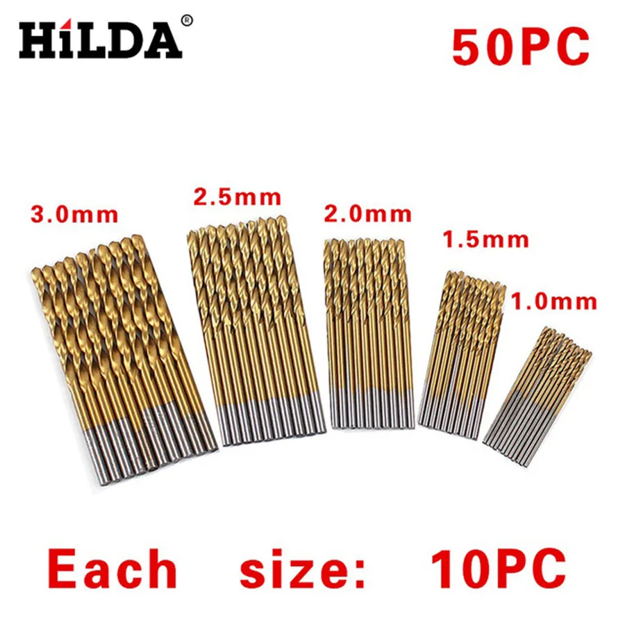 

HILDA 50Pcs/Set 1/1.5/2/2.5/3mm For Metal Twist Drill Bit Set Saw Set HSS High Steel Titanium Coated Drill Woodworking Wood Tool