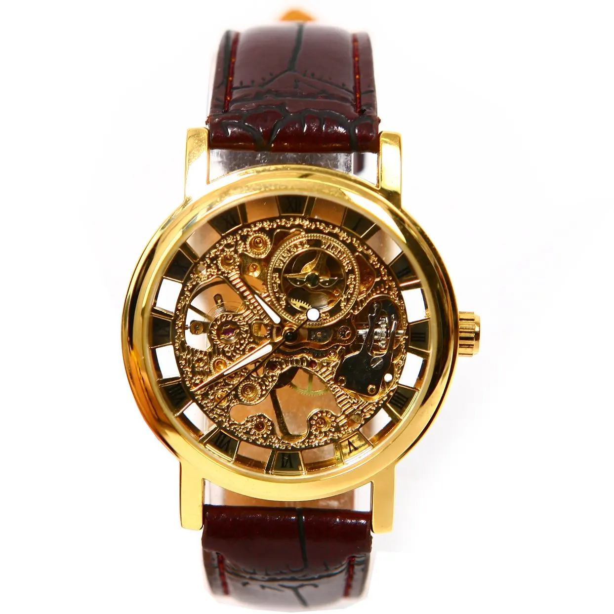 

Practical WINNER Mechanical self-winding Mens Watch Skeleton Mens Watch Leather Automatic Mechanical Mens Watch coffee ribbon