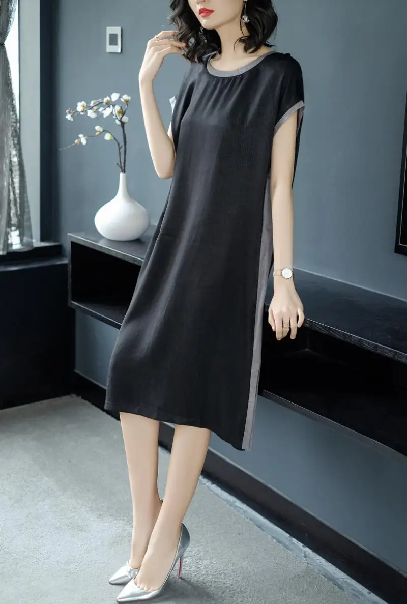 2018 Summer New Style Simple Fashion  Stripes Soft 100% Real Silk Straight Dress Female Casual Loose Short Sleeve Dress