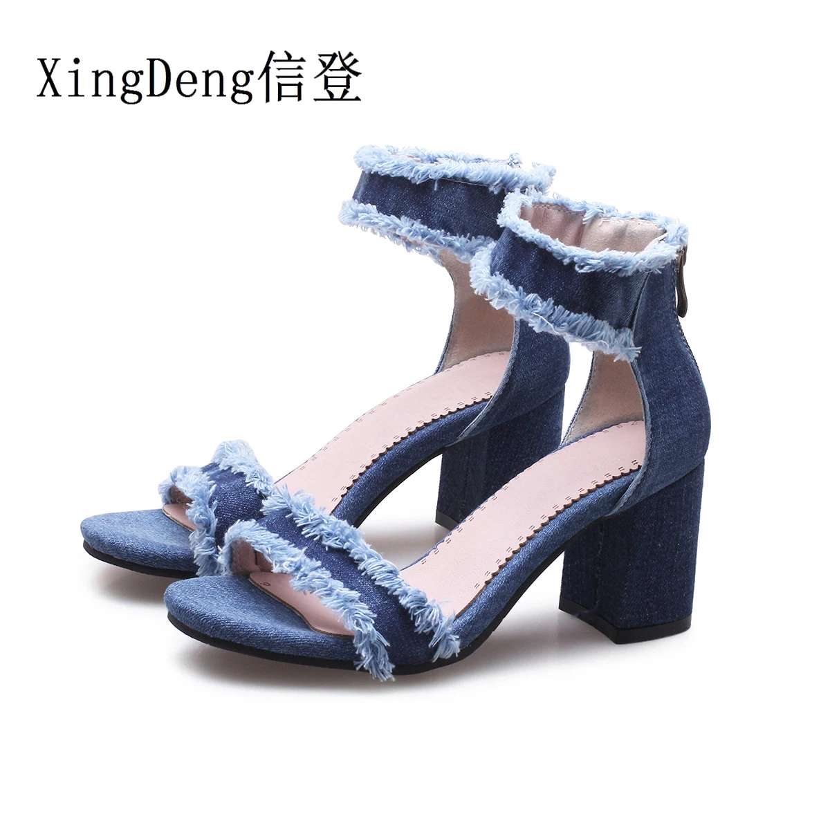 

XingDeng Punk Women Cross Strap Denim Bandage Zip High Heels Sandals Shoes Ladies Party Square Heels Summer Sandal Shoes