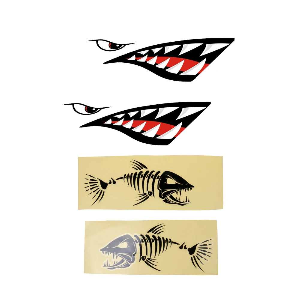 4Pcs Waterproof Shark Teeth Mouth Cool Decals + Skeleton Fish Bone