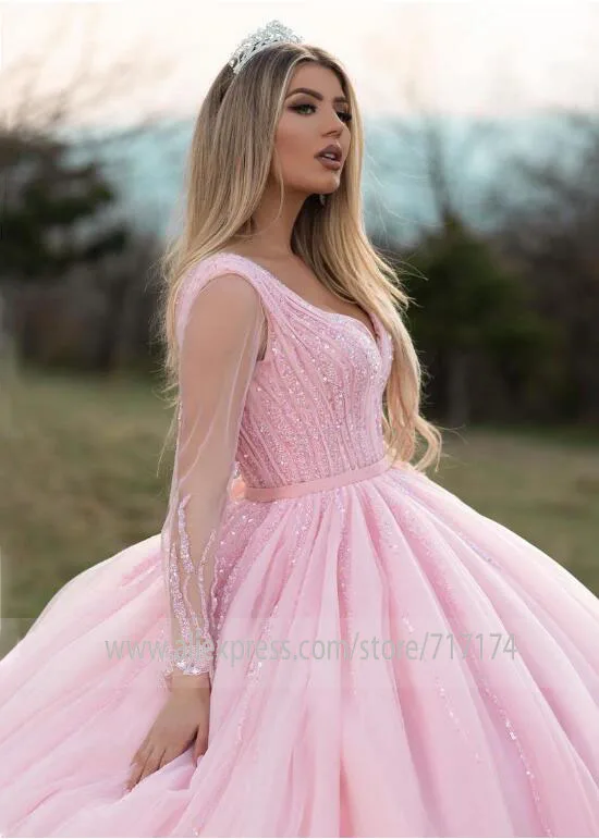 Розовый тюль v-образным вырезом бальное платье Свадебные платья с бисером с длинными рукавами суд Поезд Grand свадебное платье vestido de novia