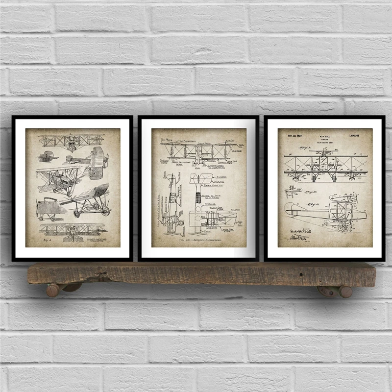 

Biplane Aircraft Patent Vintage Blueprint Poster And Print Aviation Wall Pictures Canvas Painting for Living Room Home Decor