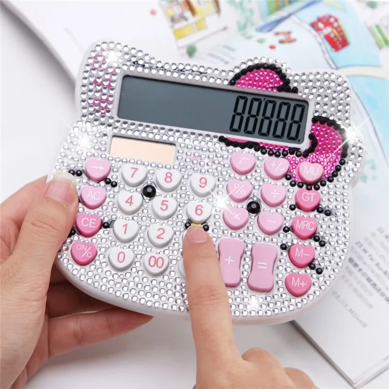 

Luxury Gold Office Electronic Calculator Solar Calculdora Desktop Computer kitty Rhinestone Crystal Diamond Calculator for Girls