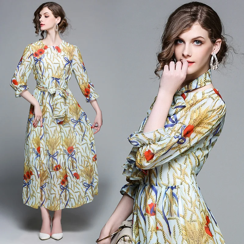 

Vintage printed chiffon dress long section 2019 spring new women's waist slimming tie seven-point sleeve dress
