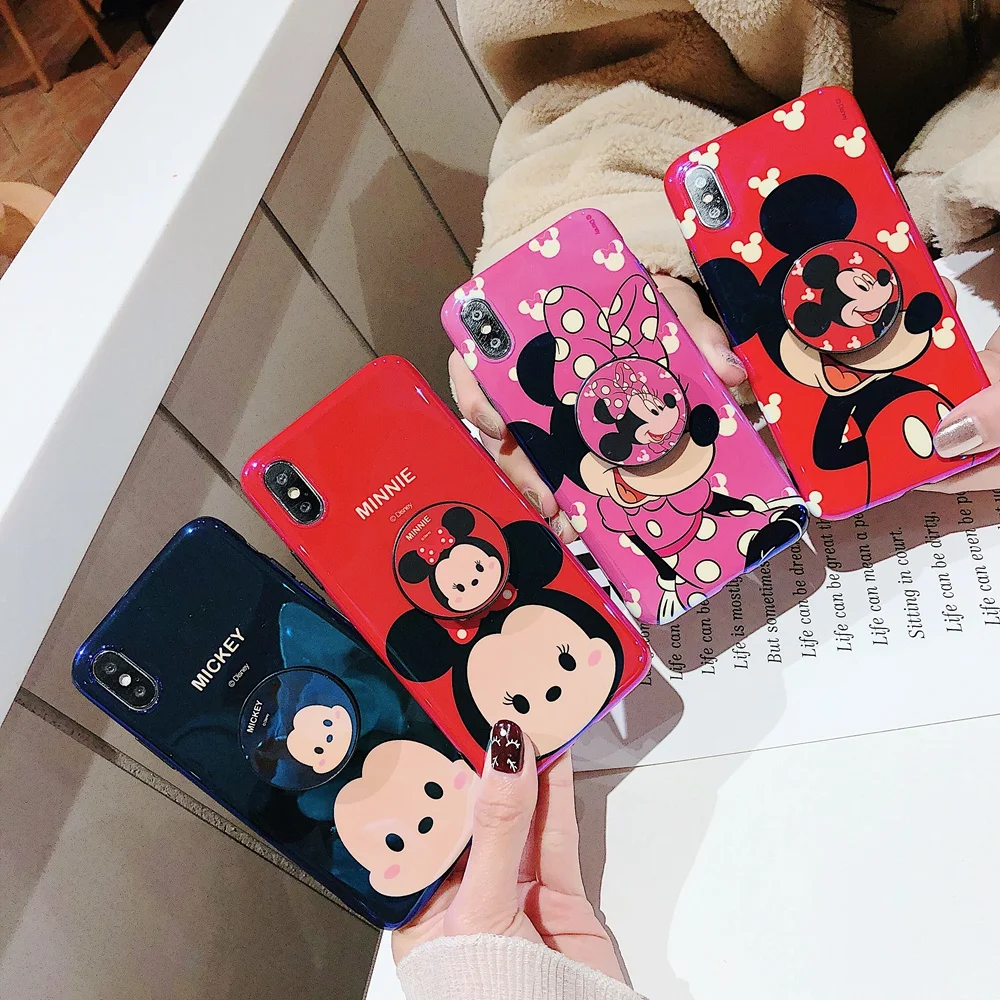 

Mickey Minnie Bracket Phone Case For iPhone 6 6S 7 8 Plus Blu-ray Soft Back Cover For iPhone X XR XS MAX Couple Cartoon Shell