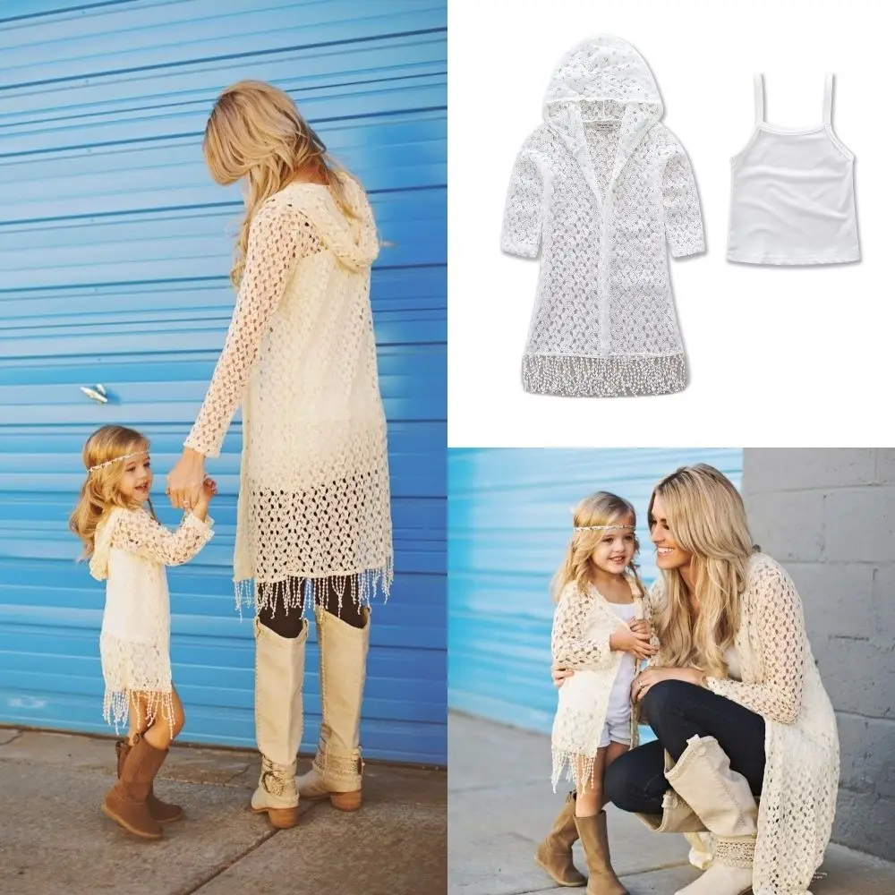 

Mom Daughter Family Matching Clothes Women Kids Girls Tassel Casual hooded Lace dress