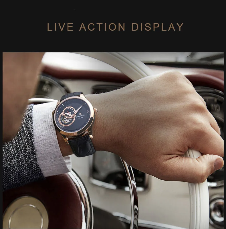 Риф Тигр/RT повседневные автоматические часы для мужчин розовое золото синий циферблат часы кожаный ремешок RGA1693
