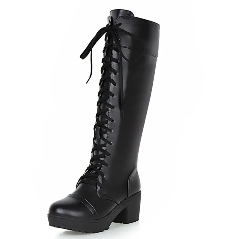 

Adhesive Lace-Up Rubber round toe martin Knee-High boots ladies women shoes pu leather square high heels