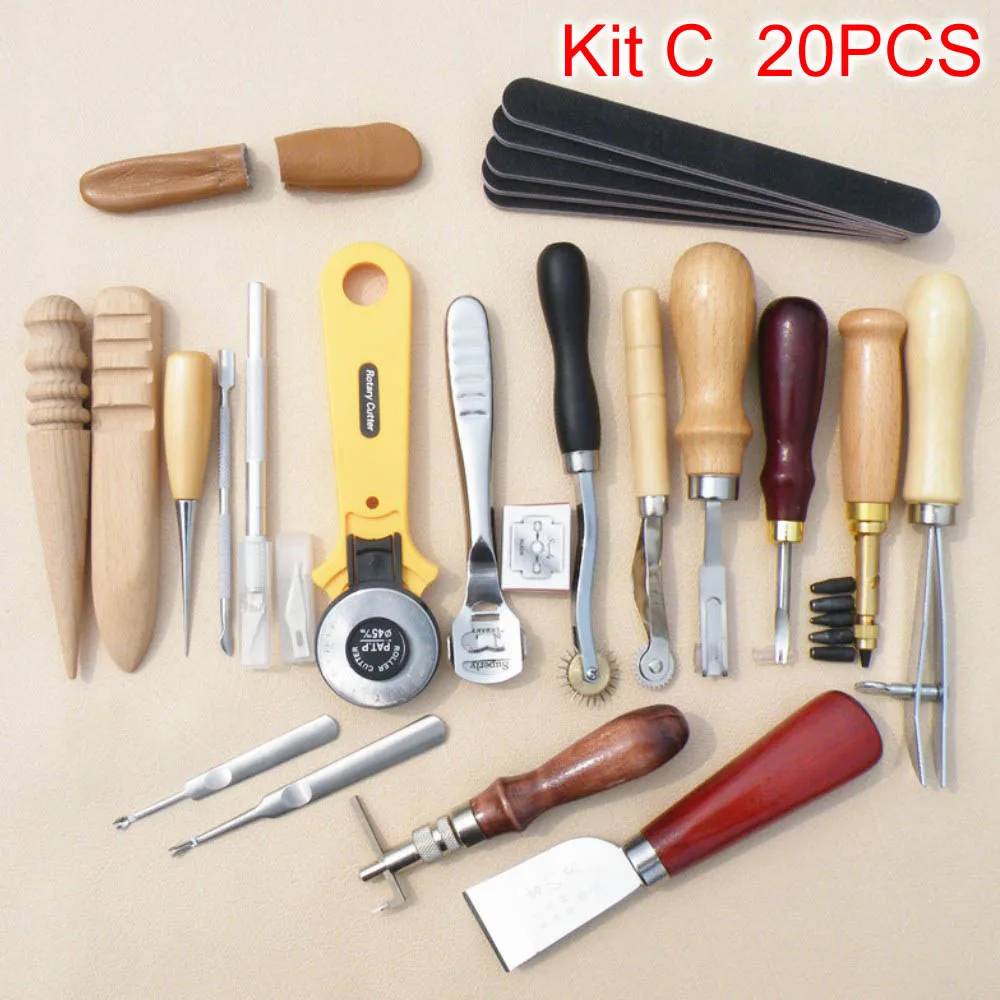 Leather Craft Tools Kit Hand Sewing Stitching Punch Carving Hole Saddle Groover DIY