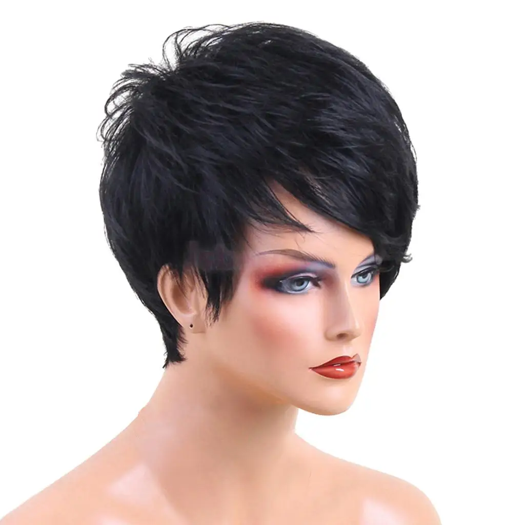 Fashion Women Black Curly Wavy Short Pixie Cut Hair Wigs Natural Real